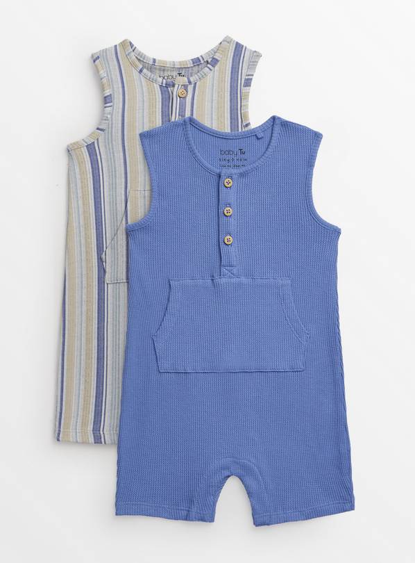 Blue Waffle & Stripe Short Sleeve Rompers 2 Pack  3-6 months